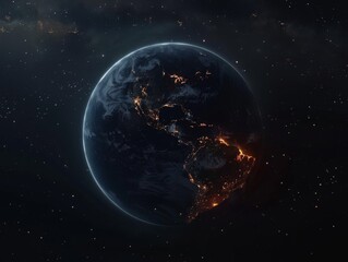 cinematic wide shot of the earth at night from space