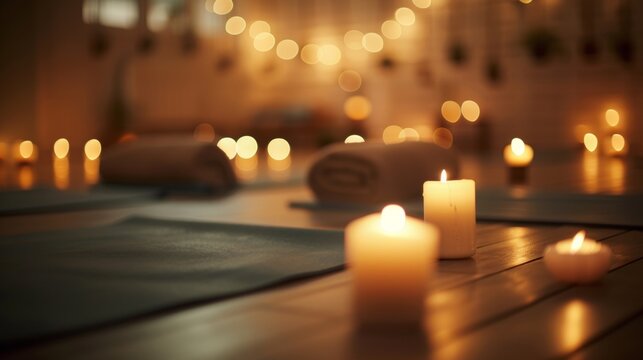 Defocused Yoga Room Candlelight Soft warm lights cast a gentle glow against a hazy background of stacked yoga mats tered cushions and delicate wall hangings. The air feels serene and .