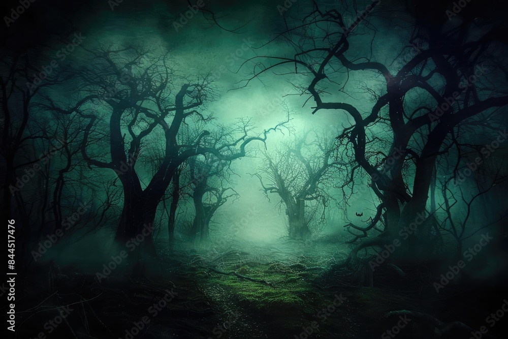 Poster eerie foggy forest with twisted trees, creating a haunting and mysterious atmosphere under a greenis