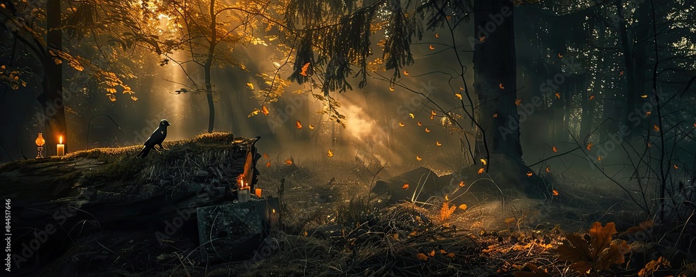 Poster enchanting forest scene with sunlight streaming through trees, illuminating a raven on a log surroun