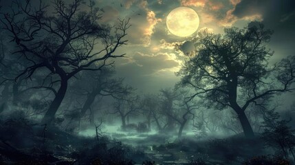 Eerie full moon night in a mysterious forest with silhouettes of trees and a foggy atmosphere.