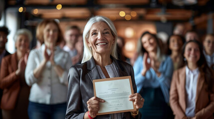Older woman proudly displaying award certificate with diverse team