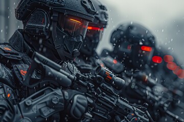 Fototapeta premium A group of futuristic soldiers in high-tech gear with glowing red visors, standing in the snow, ready for action.