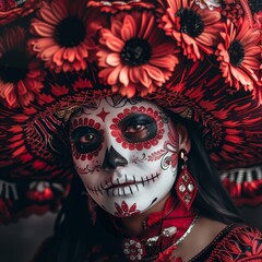 a woman with a mexican skull makeup and a red hat