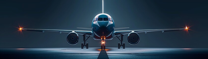 Fototapeta premium A modern passenger plane is parked on the runway at night.
