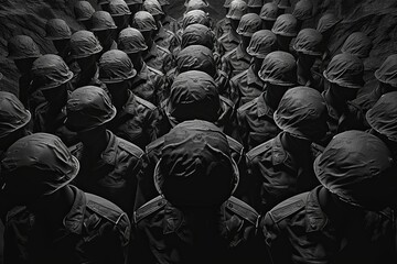 A monochromatic image depicting a formation of soldiers in uniform, standing in neat rows, conveying discipline and military readiness.