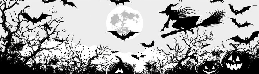 Fototapeta premium Spooky Halloween scene with a witch flying on a broomstick, bats, full moon, pumpkins, and bare trees in a haunted night landscape.
