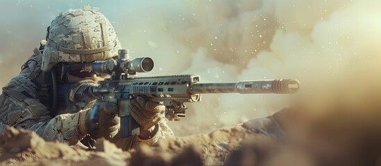A soldier in full gear taking aim with a sniper rifle in a desert-like environment, showcasing military precision and focus in action.