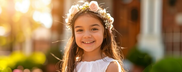 Small latin girl standing in front of the church on her First Holy Communion. Banner with copyspace. Shallow depth of field.