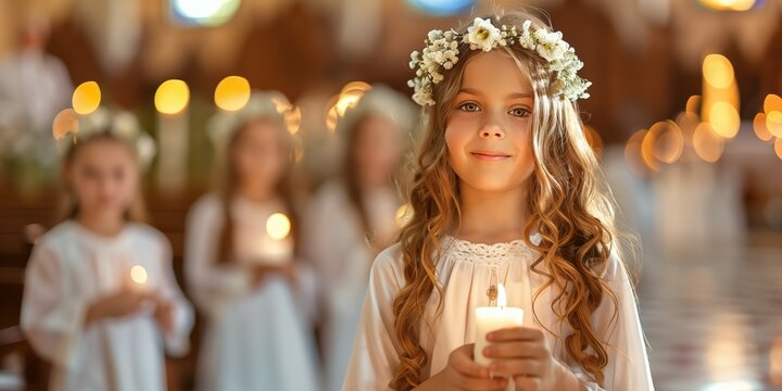 Girl in white dress with candle in church praying on her First Holy Communion. Banner with copyspace. Shallow depth of field.