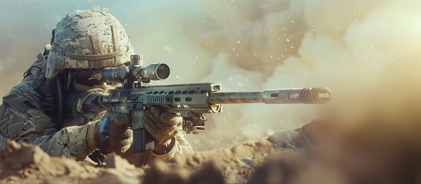 A soldier in full gear taking aim with a sniper rifle in a desert-like environment, showcasing military precision and focus in action.