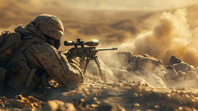 A soldier in tactical gear aiming a sniper rifle in a desert landscape at sunset. Smoke and dust add to the dramatic atmosphere.