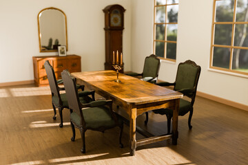 A vintage dining table and chairs sit in the center of a large, old-style room.