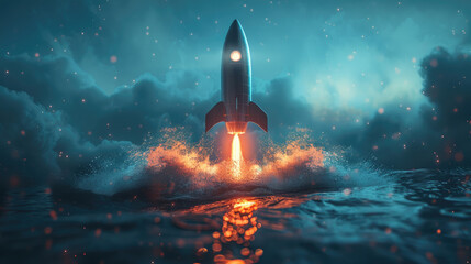 3D digital holographic rocket flying underwater, front view, showcasing futuristic technology and aquatic exploration, scifi tone