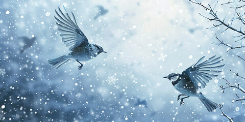 Snowflakes and Flight: Winter Birds Gliding South Amidst Snowy Backdrops
