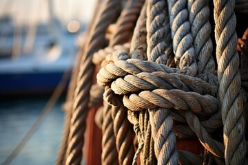 Close-up of coiled ropes on a sailboat with warm sunset light in the marina