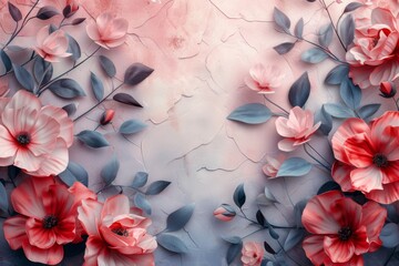 Beautiful floral background with pink and blue flowers and decorative leaves, perfect for spring or romantic themes.