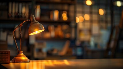 The golden glow of a lone desk lamp shines in a blurred background of shelves and cabinets signaling the end of a long day at the office. .