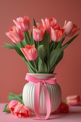 Fototapeta premium Beautiful pink tulips in a white vase with a pink ribbon on a coral background, perfect for spring and floral home decoration.