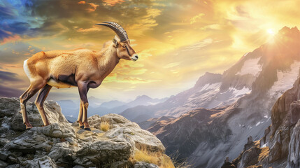 A majestic mountain goat stands on a rocky cliff during a stunning sunset.