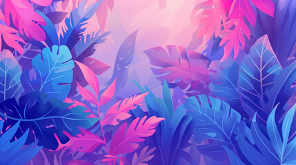 Vibrant, colorful illustration of tropical leaves in pink and blue hues.