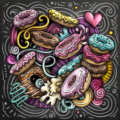 Donuts vector doodles illustration. Sweets poster design. Doughnut elements and objects cartoon background. Bright colors funny picture. All items are separated