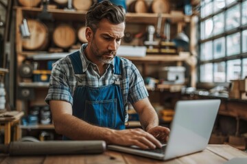 Fototapeta premium A man in a plaid shirt and overalls sits at a workbench in his woodworking shop, intently typing on a laptop