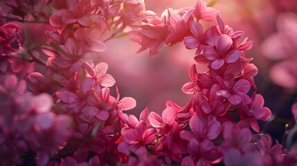 Close-up of beautiful pink lilac flowers in full bloom, with soft sunlight creating a dreamy and romantic atmosphere.