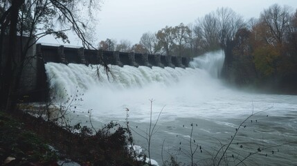 Dam water overflows, dam breaks