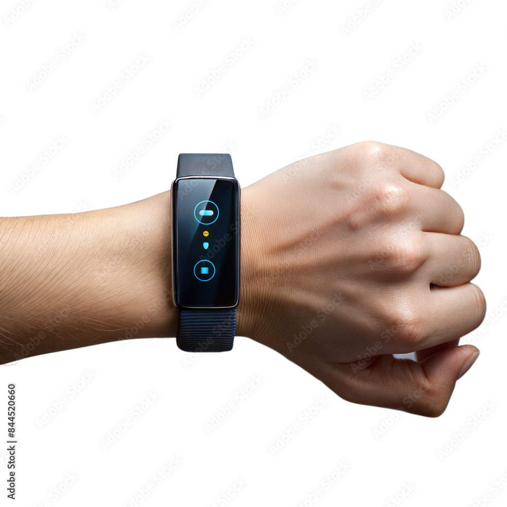 Poster person using a smart watch with interface on transparent background