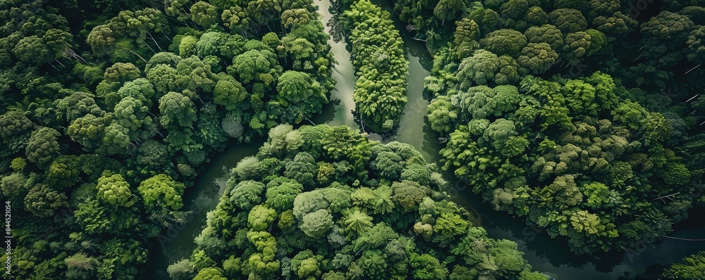 Poster aerial view of lush green forest with winding rivers creating scenic patterns, promoting serenity an