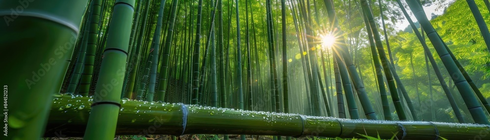 Poster sunlight filtering through tall bamboo forest, creating a serene and peaceful atmosphere. ideal natu