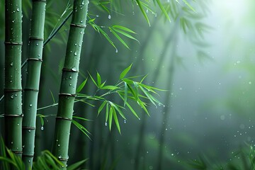 Obraz premium Serene bamboo forest with fresh green leaves and drops of morning dew, creating a calming and peaceful natural scene.