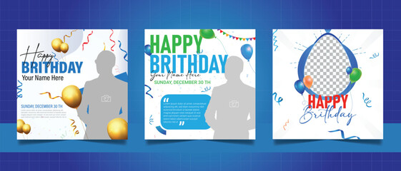 Birthday wishes social media post template, party invitation or greeting card, happy wedding anniversary celebration event square banner poster design set