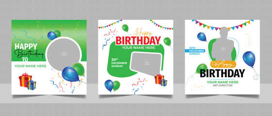 Birthday wishes social media post template, party invitation or greeting card, happy wedding anniversary celebration event square banner poster design set