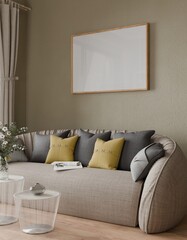 Mockup frame, poster empty in living room, home design, modern interior design scandinavian style, element mockup, 3d rendering