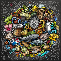 Obraz premium Vector funny doodle illustration with Panama theme. Vibrant and eye-catching design, capturing the essence of Central America culture and traditions through playful cartoon symbols
