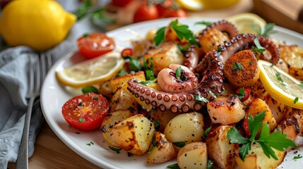 Octopus and potato salad served on a white plate with tomatoes and lemon slices.
