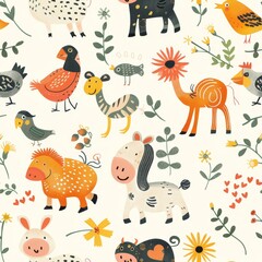 Whimsical Farm Friends, Charming Illustrations of Adorable Animals for Children's Apparel.