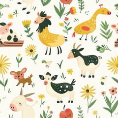 Whimsical Farm Animal Illustration for Children's Apparel, Cute and Charming Barnyard Creatures Design.