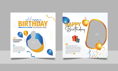 Birthday wishes social media post template, party invitation or greeting card, happy wedding anniversary celebration event square banner poster design set