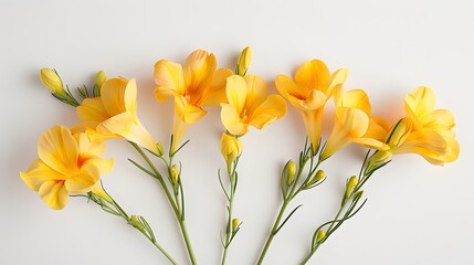 Fototapeta premium A bunch of yellow Freesias on white background, space for text. For Design, Background, Cover, Poster, Banner, PPT, KV design, Wallpaper