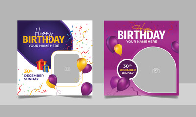 Birthday wishes social media post template, party invitation or greeting card, happy wedding anniversary celebration event square banner poster design set