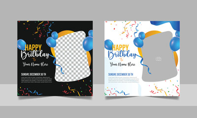 Birthday wishes social media post template, party invitation or greeting card, happy wedding anniversary celebration event square banner poster design set