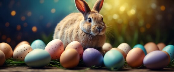 Easter concept background with a bunny and eggs.