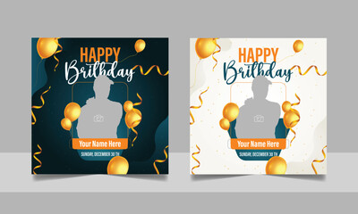 Birthday wishes social media post template, party invitation or greeting card, happy wedding anniversary celebration event square banner poster design set