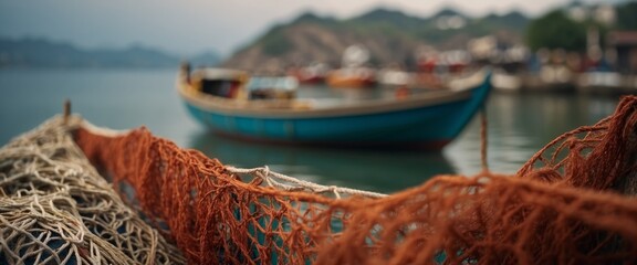 Fishing boat and a fragment of a fishing net.