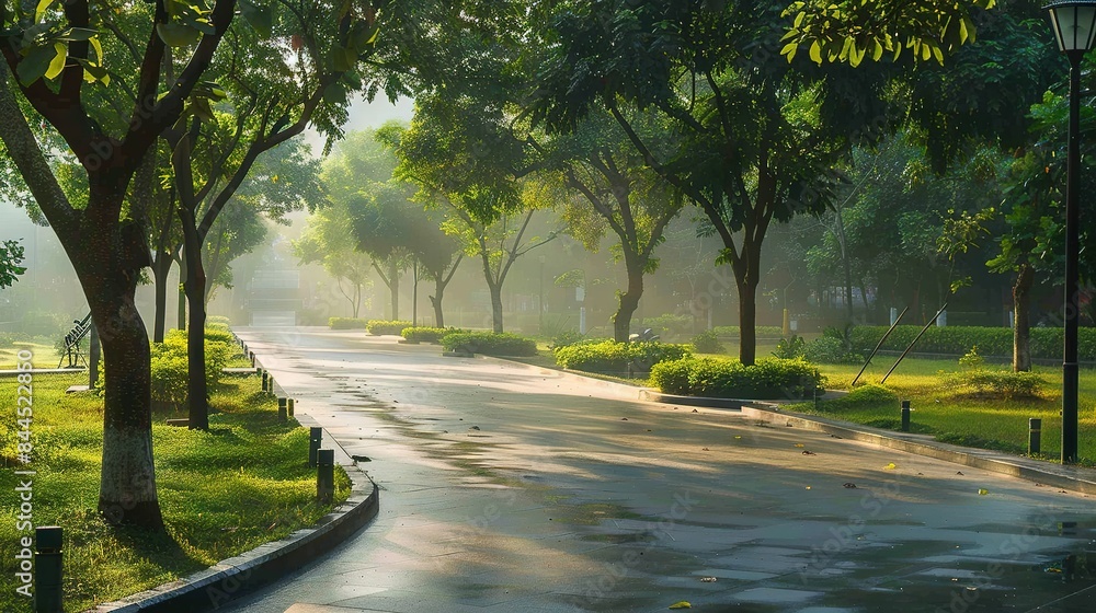 Poster a street with trees on either side and a bench opposite it