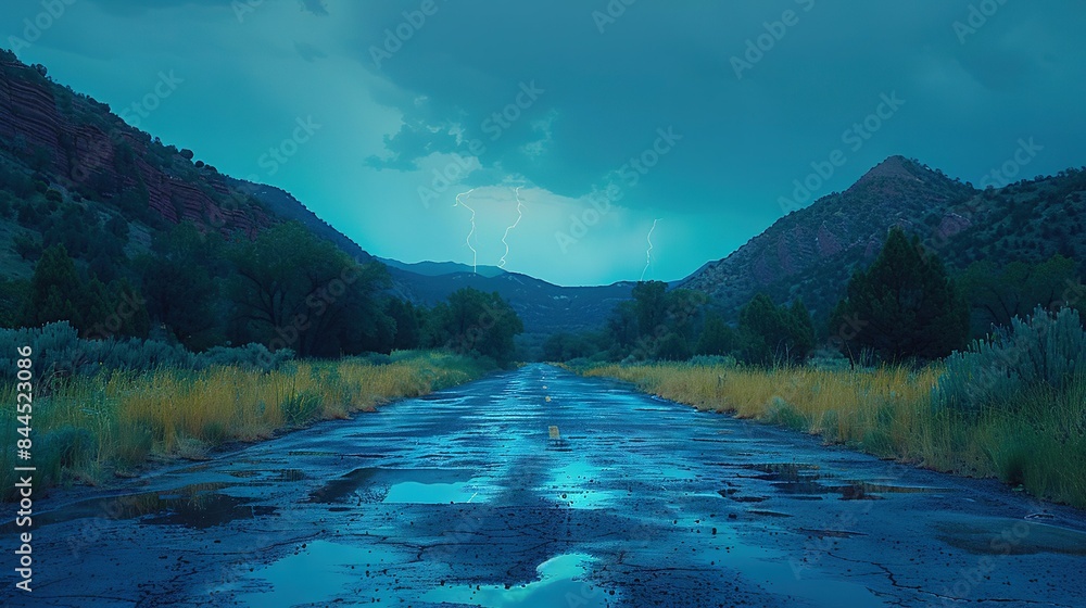 Aufkleber a moist path through a pasture with towering peaks behind and a streak of light overhead