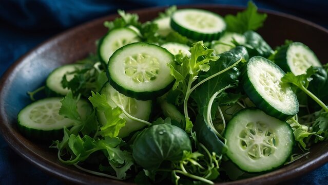 Green salad and cucumbers on blue dackground Fresh harvest from the summer garden.